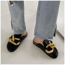 Load image into Gallery viewer, Gold Chain Women Slipper Closed Toe Slip On Mules Shoes Round Toe Low Heels Casual Slides Flat Sandals Slip On Slide Sandals Elegant Heels Slides Slippers
