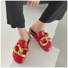 Load image into Gallery viewer, Gold Chain Women Slipper Closed Toe Slip On Mules Shoes Round Toe Low Heels Casual Slides Flat Sandals Slip On Slide Sandals Elegant Heels Slides Slippers

