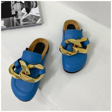 Load image into Gallery viewer, Gold Chain Women Slipper Closed Toe Slip On Mules Shoes Round Toe Low Heels Casual Slides Flat Sandals Slip On Slide Sandals Elegant Heels Slides Slippers
