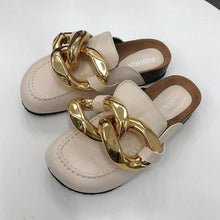 Load image into Gallery viewer, Gold Chain Women Slipper Closed Toe Slip On Mules Shoes Round Toe Low Heels Casual Slides Flat Sandals Slip On Slide Sandals Elegant Heels Slides Slippers
