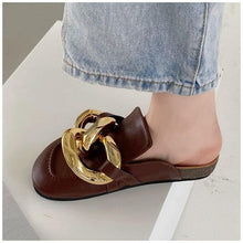 Load image into Gallery viewer, Gold Chain Women Slipper Closed Toe Slip On Mules Shoes Round Toe Low Heels Casual Slides Flat Sandals Slip On Slide Sandals Elegant Heels Slides Slippers
