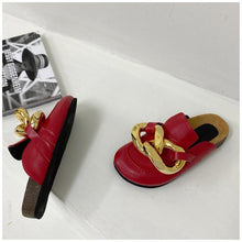 Load image into Gallery viewer, Gold Chain Women Slipper Closed Toe Slip On Mules Shoes Round Toe Low Heels Casual Slides Flat Sandals Slip On Slide Sandals Elegant Heels Slides Slippers
