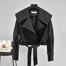 Load image into Gallery viewer, New Elegance Autumn Women's Pu Leather Jackets Short Coat Turndown Collar Belt Lace-up Motorcycle Black Punk Red Overcoat Female Outwear
