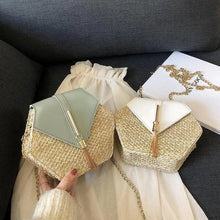 将图片加载到图库查看器，New Famous Mulit Style Straw+leather Handba For Women And Girls  New Fashion Summer Bag Handmade Woven Beach Circle Shoulder Bag
