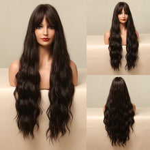 将图片加载到图库查看器，New Fashion Long Wavy Ombre Brown Highlight Wigs with Bangs Synthetic Natural Wig for Women Heat Resistant Cosplay Hair Wigs For Black Women Wigs For Cosplay
