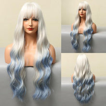 将图片加载到图库查看器，New Fashion Long Wavy Ombre Brown Highlight Wigs with Bangs Synthetic Natural Wig for Women Heat Resistant Cosplay Hair Wigs For Black Women Wigs For Cosplay
