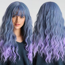 将图片加载到图库查看器，New Fashion Long Wavy Ombre Brown Highlight Wigs with Bangs Synthetic Natural Wig for Women Heat Resistant Cosplay Hair Wigs For Black Women Wigs For Cosplay
