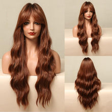 将图片加载到图库查看器，New Fashion Long Wavy Ombre Brown Highlight Wigs with Bangs Synthetic Natural Wig for Women Heat Resistant Cosplay Hair Wigs For Black Women Wigs For Cosplay
