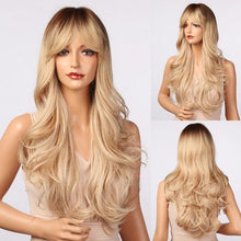 将图片加载到图库查看器，New Fashion Long Wavy Ombre Brown Highlight Wigs with Bangs Synthetic Natural Wig for Women Heat Resistant Cosplay Hair Wigs For Black Women Wigs For Cosplay
