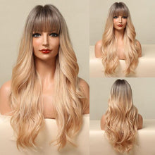 将图片加载到图库查看器，New Fashion Long Wavy Ombre Brown Highlight Wigs with Bangs Synthetic Natural Wig for Women Heat Resistant Cosplay Hair Wigs For Black Women Wigs For Cosplay
