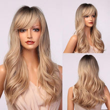 将图片加载到图库查看器，New Fashion Long Wavy Ombre Brown Highlight Wigs with Bangs Synthetic Natural Wig for Women Heat Resistant Cosplay Hair Wigs For Black Women Wigs For Cosplay
