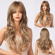 将图片加载到图库查看器，New Fashion Long Wavy Ombre Brown Highlight Wigs with Bangs Synthetic Natural Wig for Women Heat Resistant Cosplay Hair Wigs For Black Women Wigs For Cosplay
