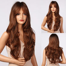 将图片加载到图库查看器，New Fashion Long Wavy Ombre Brown Highlight Wigs with Bangs Synthetic Natural Wig for Women Heat Resistant Cosplay Hair Wigs For Black Women Wigs For Cosplay
