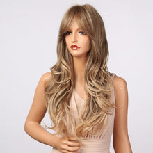 将图片加载到图库查看器，New Fashion Long Wavy Ombre Brown Highlight Wigs with Bangs Synthetic Natural Wig for Women Heat Resistant Cosplay Hair Wigs For Black Women Wigs For Cosplay
