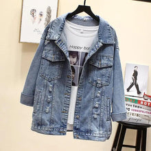 将图片加载到图库查看器，New Sizzling Women's Denim Jacket Fashionable Streetwear Letter Stylish Chic Printed Ripped Holes Jean Patchwork Jeans Female Coat
