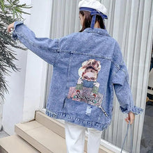 将图片加载到图库查看器，New Sizzling Women's Denim Jacket Fashionable Streetwear Letter Stylish Chic Printed Ripped Holes Jean Patchwork Jeans Female Coat
