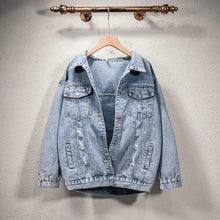 将图片加载到图库查看器，New Sizzling Women's Denim Jacket Fashionable Streetwear Letter Stylish Chic Printed Ripped Holes Jean Patchwork Jeans Female Coat
