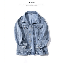 将图片加载到图库查看器，New Sizzling Women's Denim Jacket Fashionable Streetwear Letter Stylish Chic Printed Ripped Holes Jean Patchwork Jeans Female Coat
