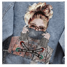 将图片加载到图库查看器，New Sizzling Women's Denim Jacket Fashionable Streetwear Letter Stylish Chic Printed Ripped Holes Jean Patchwork Jeans Female Coat

