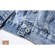 将图片加载到图库查看器，New Sizzling Women's Denim Jacket Fashionable Streetwear Letter Stylish Chic Printed Ripped Holes Jean Patchwork Jeans Female Coat
