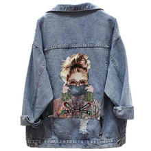 将图片加载到图库查看器，New Sizzling Women's Denim Jacket Fashionable Streetwear Letter Stylish Chic Printed Ripped Holes Jean Patchwork Jeans Female Coat
