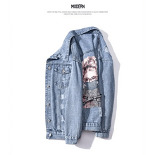 将图片加载到图库查看器，New Sizzling Women's Denim Jacket Fashionable Streetwear Letter Stylish Chic Printed Ripped Holes Jean Patchwork Jeans Female Coat

