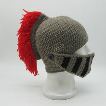 将图片加载到图库查看器，New Winter Handmade Funny Hats Cool Red Tassel Roman Knight Helmet Mask Beanies Cosplay Caps Men Women Gag Party Gifts Men's Handmade Beanie Knit Funny Hat Cosplay Roman Knight Helmet Cap Wig Beard Hats Handmade Knit Warm Winter Caps Ski Funny Mask Beanie
