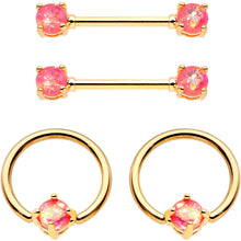 Load image into Gallery viewer, Pink Faux Opal Gold Tone Captive Ring Straight Barbell Nipple Ring Set
