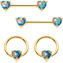 Load image into Gallery viewer, 14G Blue Faux Opal Heart Captive Ring Barbell Nipple Ring Set
