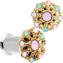 Load image into Gallery viewer, Pink Green White Gem Glam Flower Double Flare Tunnel Plug Set
