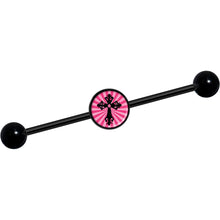 将图片加载到图库查看器，14G Pink Black Radiant Cross Black Industrial Barbell 37mm

