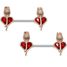 Load image into Gallery viewer, 14G 9/16 Red Gem Rosy Hue Heart and Rose Flower Nipple Barbell Set
