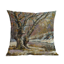 Load image into Gallery viewer, Oil Painting Style Pillow Covers Winter Rural Landscape Cabins Woods And Rivers In Snow Linen Cotton Pillow Case Home Sofa Decoration Cushion Cover Woodland Tree Decorative Throw Pillow Covers Square Outdoor Pillow Case 45X45CM
