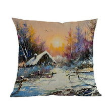 Load image into Gallery viewer, Oil Painting Style Pillow Covers Winter Rural Landscape Cabins Woods And Rivers In Snow Linen Cotton Pillow Case Home Sofa Decoration Cushion Cover Woodland Tree Decorative Throw Pillow Covers Square Outdoor Pillow Case 45X45CM
