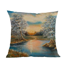 Load image into Gallery viewer, Oil Painting Style Pillow Covers Winter Rural Landscape Cabins Woods And Rivers In Snow Linen Cotton Pillow Case Home Sofa Decoration Cushion Cover Woodland Tree Decorative Throw Pillow Covers Square Outdoor Pillow Case 45X45CM
