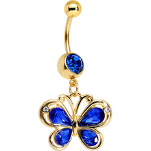 Load image into Gallery viewer, Navy Blue Gem Gold PVD Burst of Color Butterfly Dangle Belly Ring
