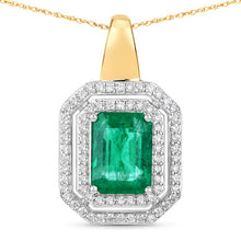 Load image into Gallery viewer, IGI Certified 2.37 Carat Genuine Zambian Emerald and White Diamond 14K Yellow &amp; White Gold Pendant
