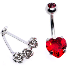 将图片加载到图库查看器，Red CZ Gem Heart Kissed Rose Flower Dangle Belly Ring
