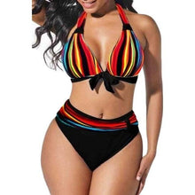 Load image into Gallery viewer, Plus Size Neon Striped Bikini Set Push Up Women High Waist Bikini Set Halter Two Piece Bathing Suits Crisscross Tummy Control Swimsuit Push Up Swimwear Women High Waist Halter Beach Swimwear Retro Bathing Suit Swimming Suit
