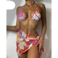 将图片加载到图库查看器，Print Swimsuit 3 Piece Mesh Bikini Set  Women's Ribbed Floral Bikini Set Tie Side Swimsuit Cover Ups Daisy Butterfly Print Three Piece Bikini Swimwear Triangle Micro Bikini String Halter Swimwear Women Low Waist Bathing Suit
