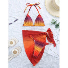 将图片加载到图库查看器，Print Swimsuit 3 Piece Mesh Bikini Set  Women's Ribbed Floral Bikini Set Tie Side Swimsuit Cover Ups Daisy Butterfly Print Three Piece Bikini Swimwear Triangle Micro Bikini String Halter Swimwear Women Low Waist Bathing Suit
