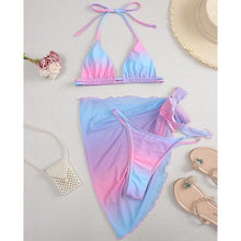 将图片加载到图库查看器，Print Swimsuit 3 Piece Mesh Bikini Set  Women's Ribbed Floral Bikini Set Tie Side Swimsuit Cover Ups Daisy Butterfly Print Three Piece Bikini Swimwear Triangle Micro Bikini String Halter Swimwear Women Low Waist Bathing Suit
