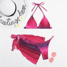 将图片加载到图库查看器，Print Swimsuit 3 Piece Mesh Bikini Set  Women's Ribbed Floral Bikini Set Tie Side Swimsuit Cover Ups Daisy Butterfly Print Three Piece Bikini Swimwear Triangle Micro Bikini String Halter Swimwear Women Low Waist Bathing Suit
