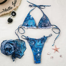 将图片加载到图库查看器，Print Swimsuit 3 Piece Mesh Bikini Set  Women's Ribbed Floral Bikini Set Tie Side Swimsuit Cover Ups Daisy Butterfly Print Three Piece Bikini Swimwear Triangle Micro Bikini String Halter Swimwear Women Low Waist Bathing Suit
