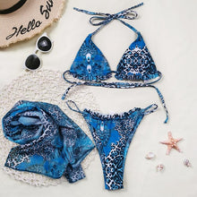 将图片加载到图库查看器，Print Swimsuit 3 Piece Mesh Bikini Set  Women's Ribbed Floral Bikini Set Tie Side Swimsuit Cover Ups Daisy Butterfly Print Three Piece Bikini Swimwear Triangle Micro Bikini String Halter Swimwear Women Low Waist Bathing Suit
