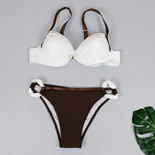 将图片加载到图库查看器，Print Swimwear Women Bikini Solid Push Up Swimsuit Female Bikini Set Beachwear Bathing Suit Swimming High Waist Swimsuits With Boy Shorts Triangle Top Stripes Halter Bikini Two Piece Bathing Suits
