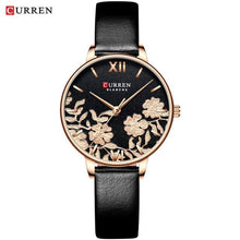 Load image into Gallery viewer, Womens Elegant Waterproof Clock With Decoupage Flower Details In Variant With Leather And Stainless Steel Knitted Belts
