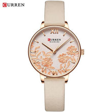 Load image into Gallery viewer, Womens Elegant Waterproof Clock With Decoupage Flower Details In Variant With Leather And Stainless Steel Knitted Belts
