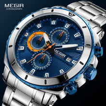 将图片加载到图库查看器，Luxury Men's Business Quartz Watches Blue Fashion Chronograph Elegant Stainless Steel Wristwatches For Man
