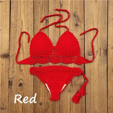 Load image into Gallery viewer, Summer Hand Crochet Women Swimwear Crop Top Push Up Bikini Set Beach Swimsuit Suit Tassel Swim Beach Beachwear Bikini Bra Bikini Swimsuit Women Beach Crochet Crop Summer Halter Bikini
